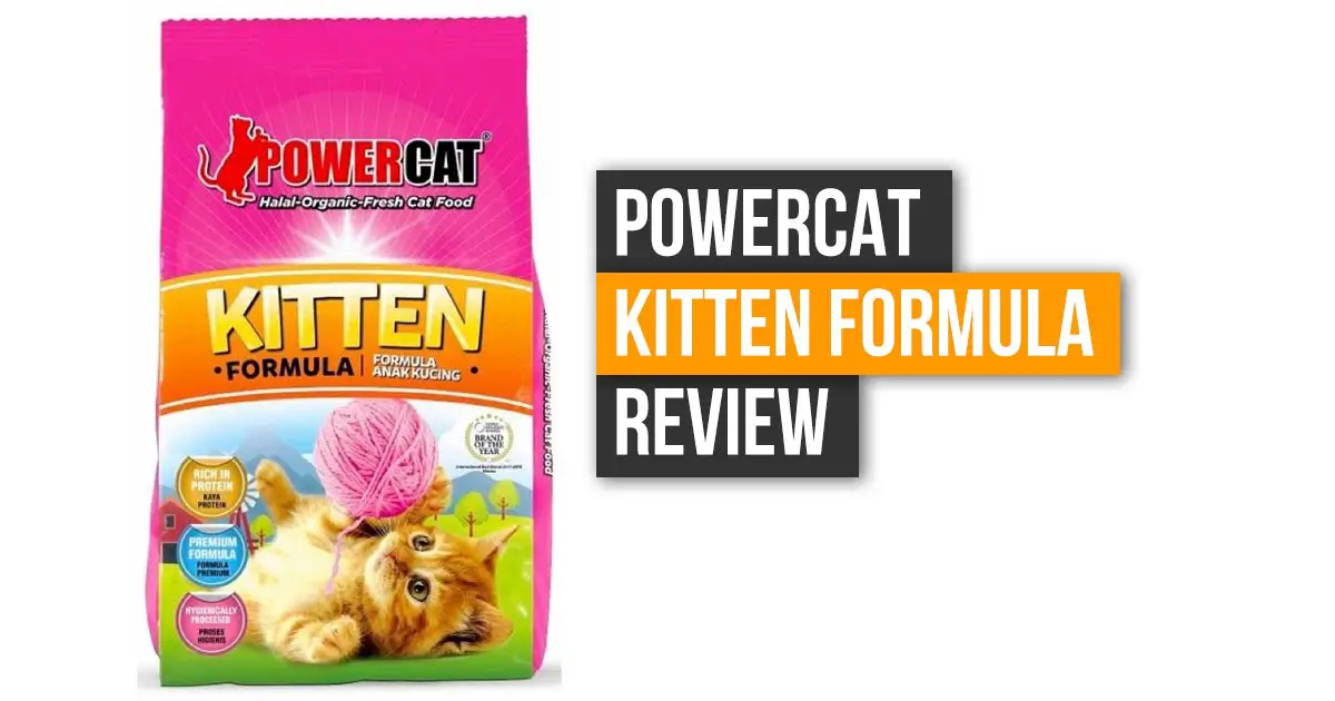 a bag of Powercat Kitten dry cat food with the text "Powercat Kitten Formula Review" on the right