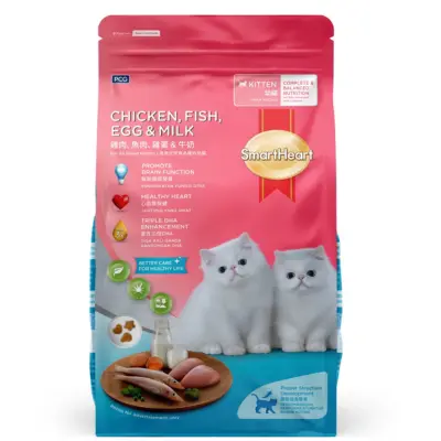 1000-gram bag of SmartHeart Chicken, Fish, Egg & Milk dry cat food