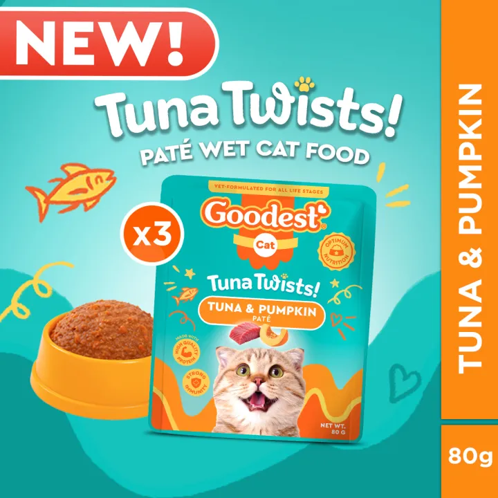 A photo of Goodest Tuna & Pumpkin Wet Cat Food (80g) for our Goodest Cat food review, It is enriched with essential nutrients like taurine, DHA, vitamins, and minerals to support overall health.